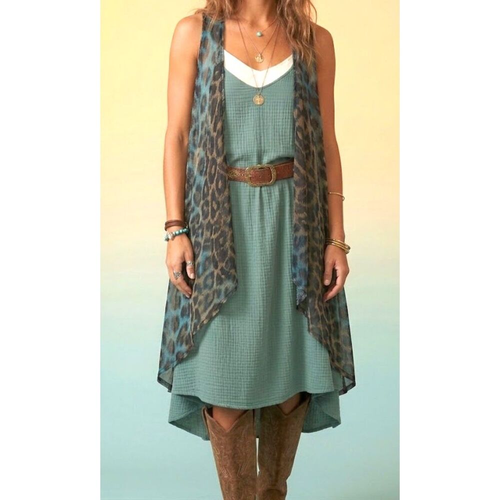 Southern Charm Blue Animal Print Sheer Mesh Duster Vest Open Front Kimono OS Reg
